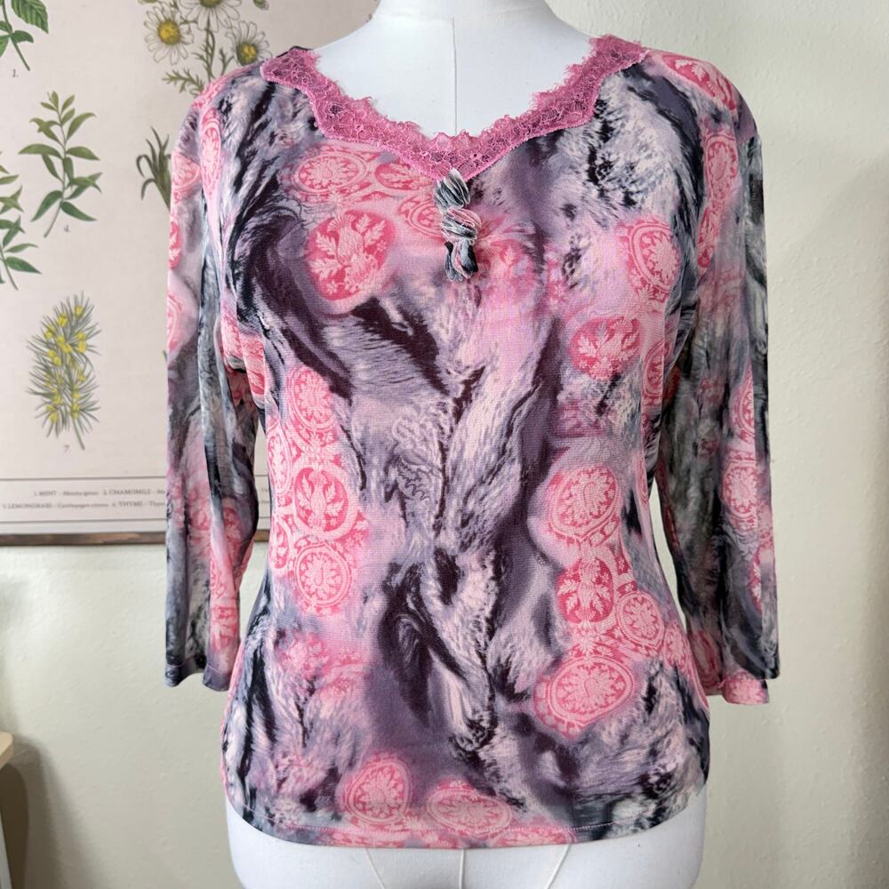 Mesh Lace Asian Inspired Print 3/4 Sleeve Top Dark Fairy Whimsigoth Witchy L XL